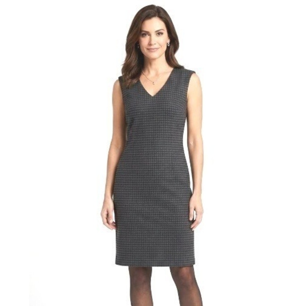Ann Taylor Petite | Grey Houndstooth V-Neck Sheath Dress Sleeveless Workwear | S